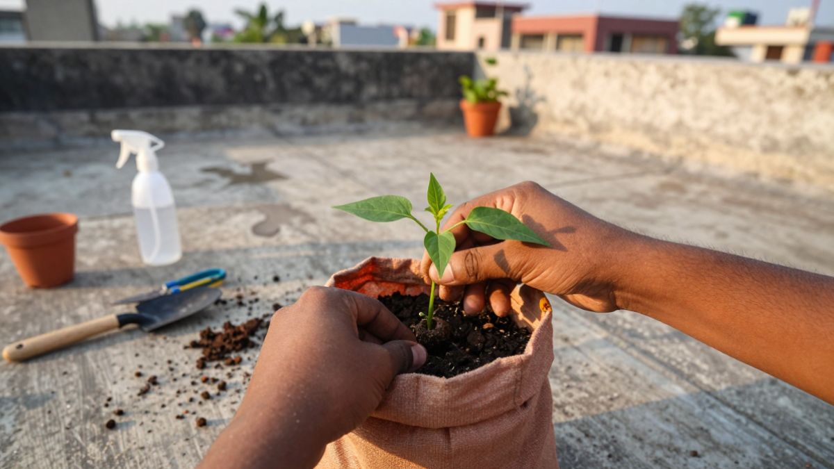 man's hands and plant pot