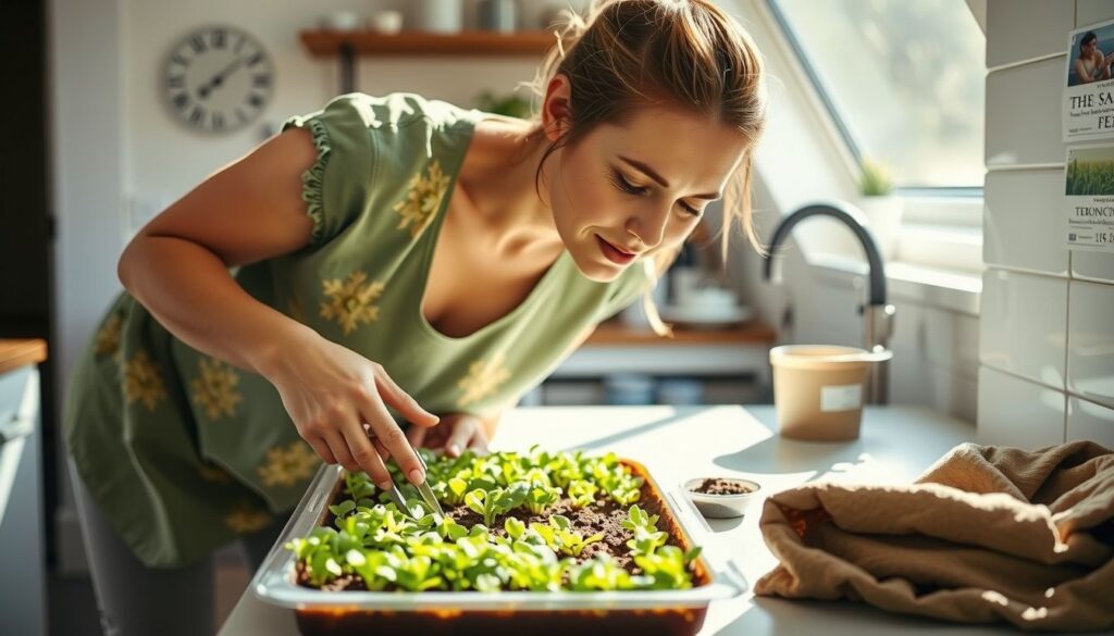 woman in the kitchen with microgreens