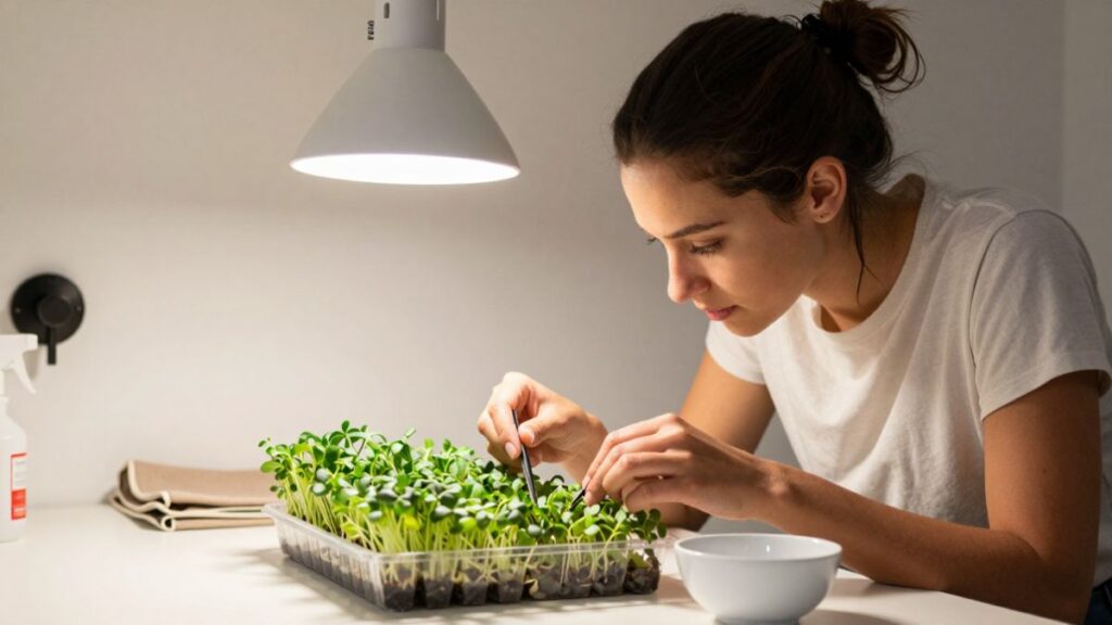 woman looking in tray