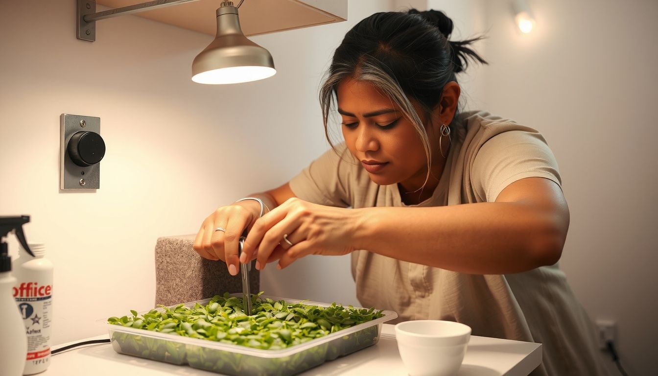 woman working on microgreens
