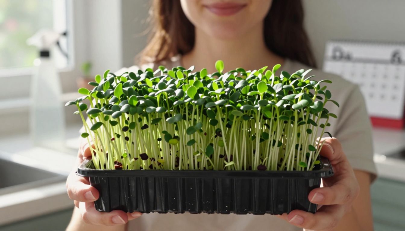 hands holding microgreens tray