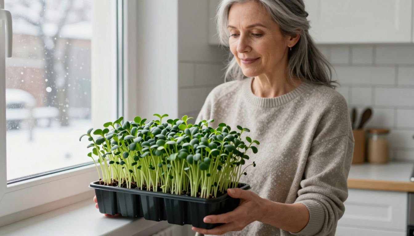 woman holding microgreens tray