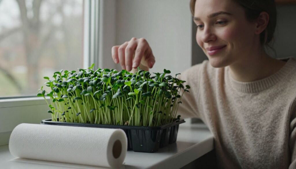 woman looking at tray and smiling