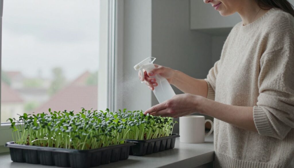 woman spraying microgreens at windowsill