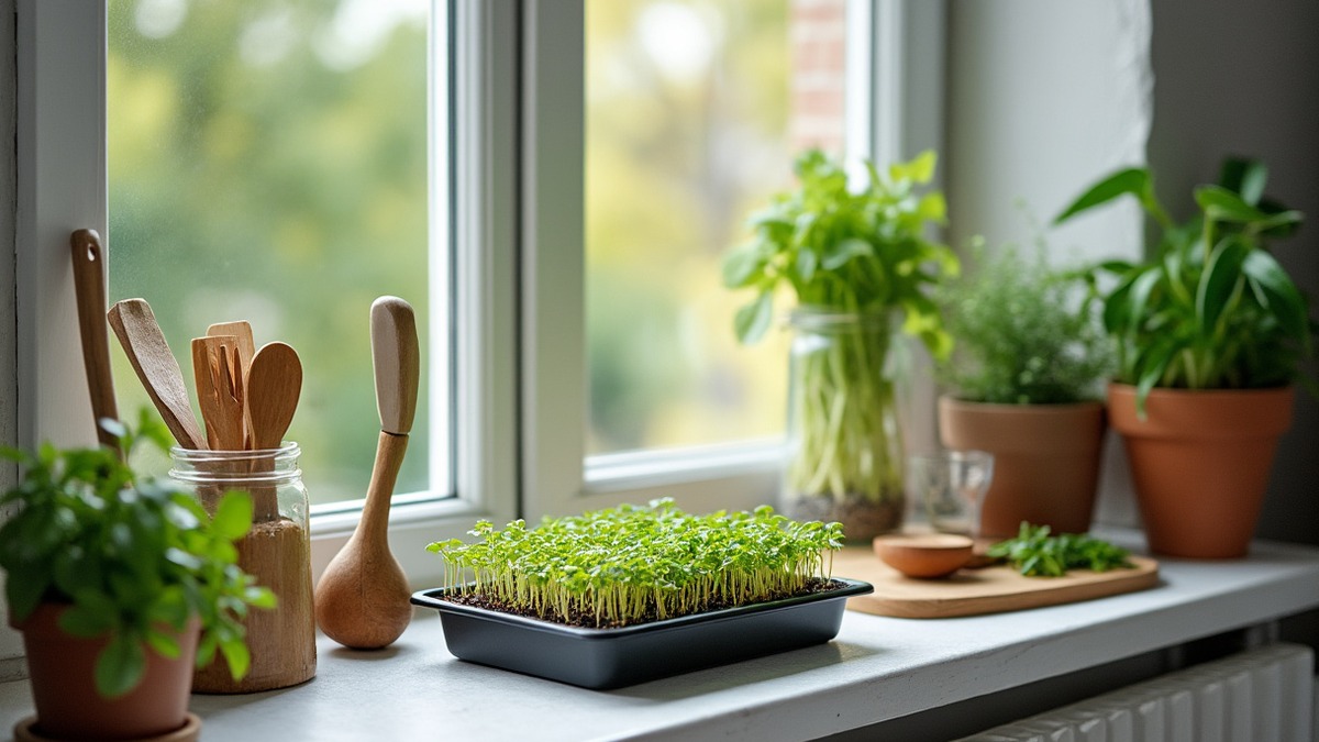 One small tray of microgreens transforms a simple kitchen into an aromatic garden.