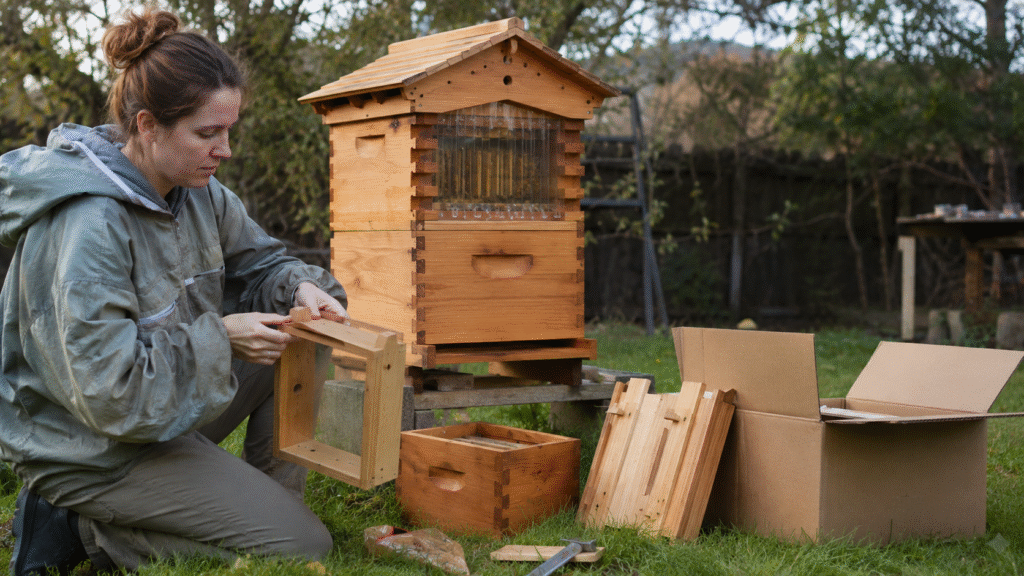woman assemblying hive
